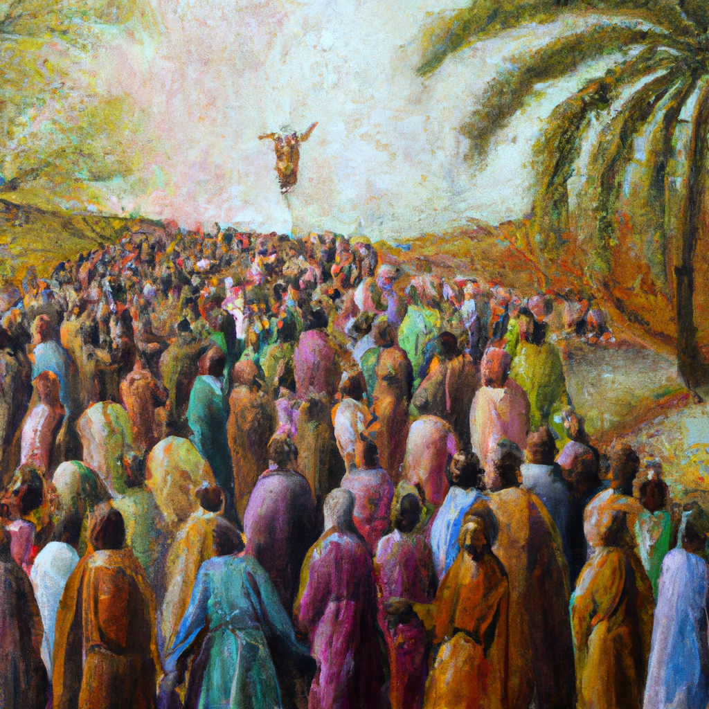 Image generated from Dall.e prompt 'An expressive oil painting of A crowd joyfully welcomes Jesus, spreading their cloaks and palm branches on the road as he enters Jerusalem.'