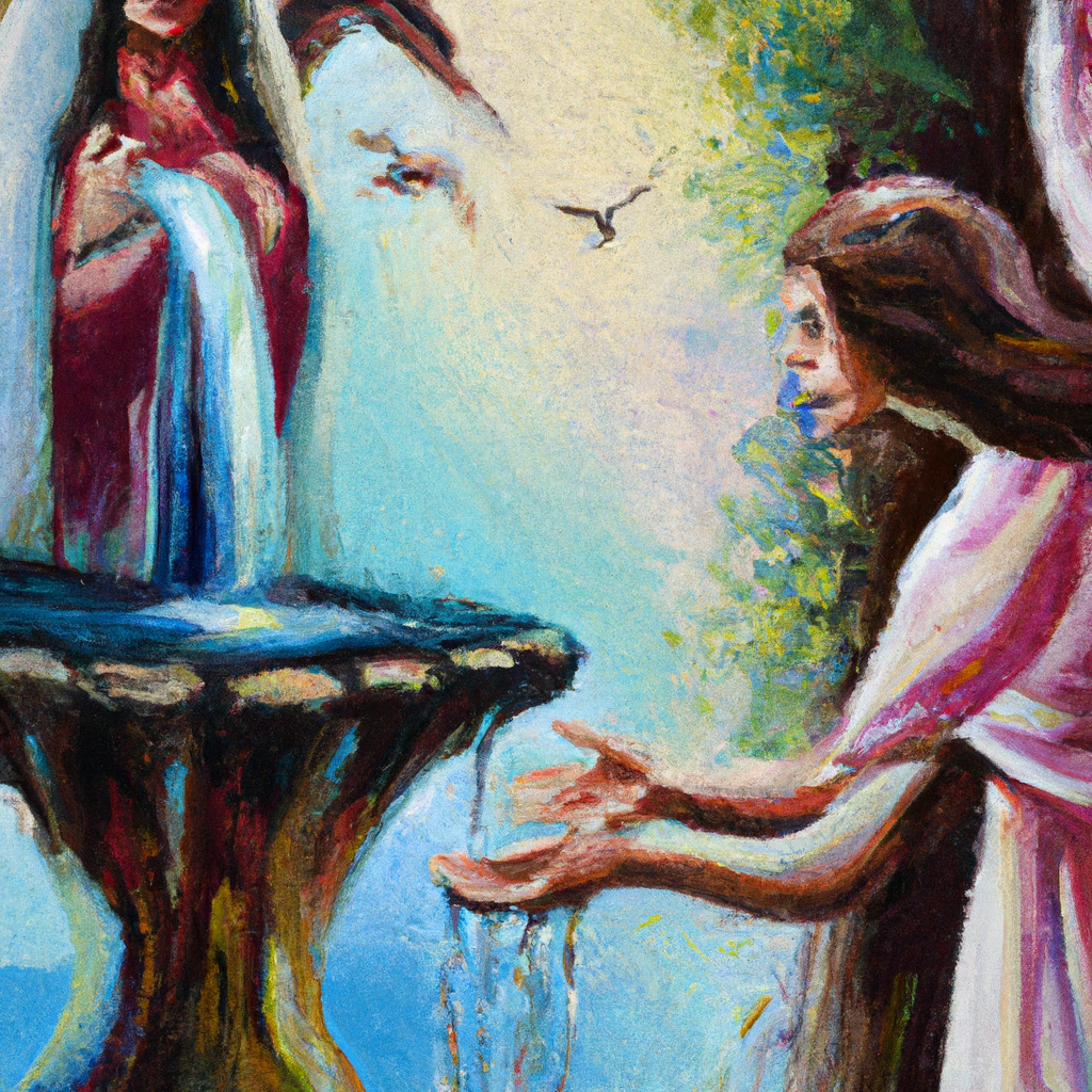 Image generated by AI from Dall.e prompt 'An expressive oil painting of A woman at a well, Jesus offering living water, quenching thirst forever, faith and salvation.'