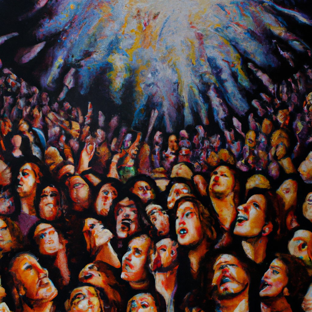 Image generated by AI from Dall.e prompt 'An expressive oil painting of A group of people watches as Jesus ascends into the sky, their faces filled with awe and wonder.'