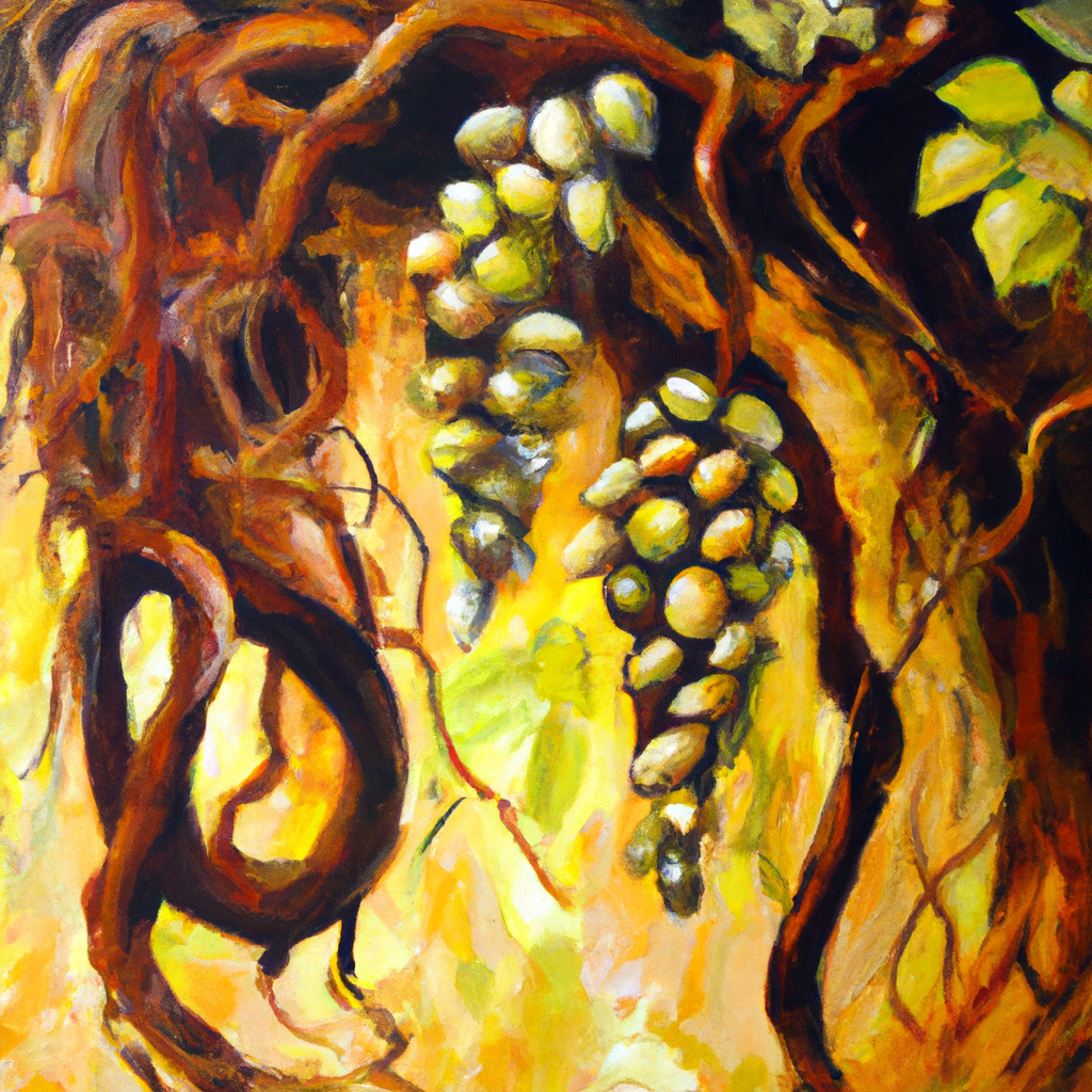 Image generated from Dall.e prompt 'An expressive oil painting of A vine with branches bearing fruit, tended by a loving gardener, nourished by deep roots and warm sunlight.'