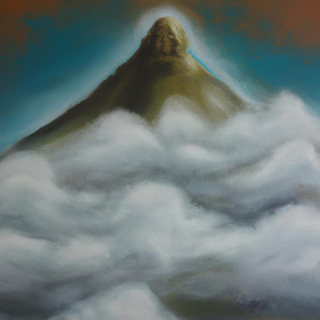 Image generated by AI from Dall.e prompt 'An expressive oil painting of A mountain surrounded by clouds, watched over by a vigilant guardian, guiding and protecting with unwavering love.'