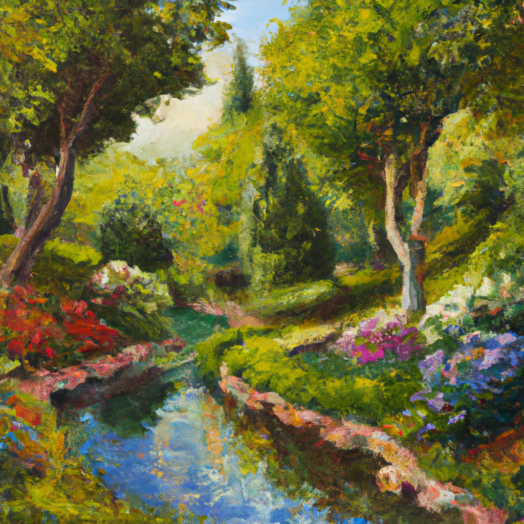 Image generated from Dall.e prompt 'An expressive oil painting of A beautiful garden with strong trees, colorful flowers, and a clear stream flowing peacefully through it.'