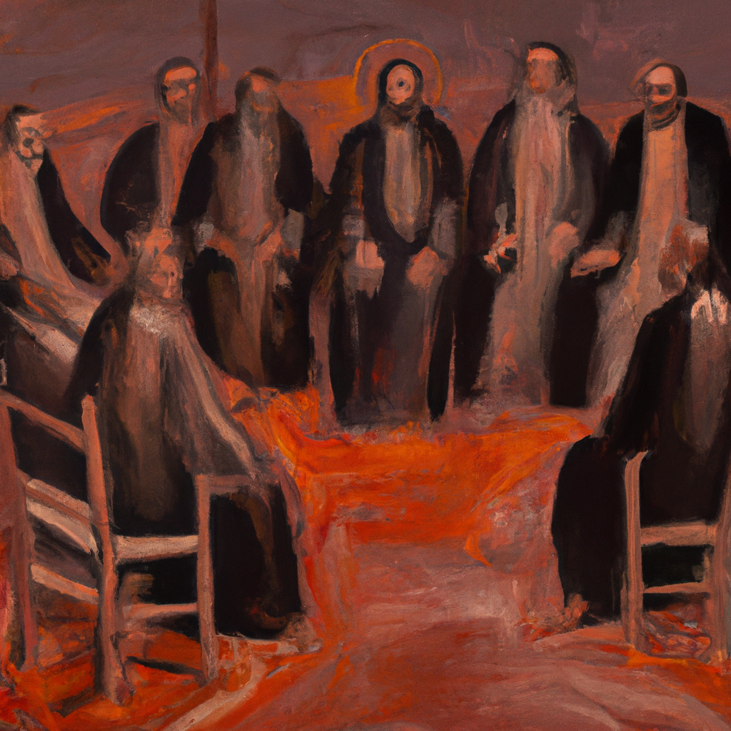 Image generated by AI from Dall.e prompt 'An expressive oil painting of A group of men gathered, discussing and deciding Judas' replacement for apostleship in a serene, solemn atmosphere.'