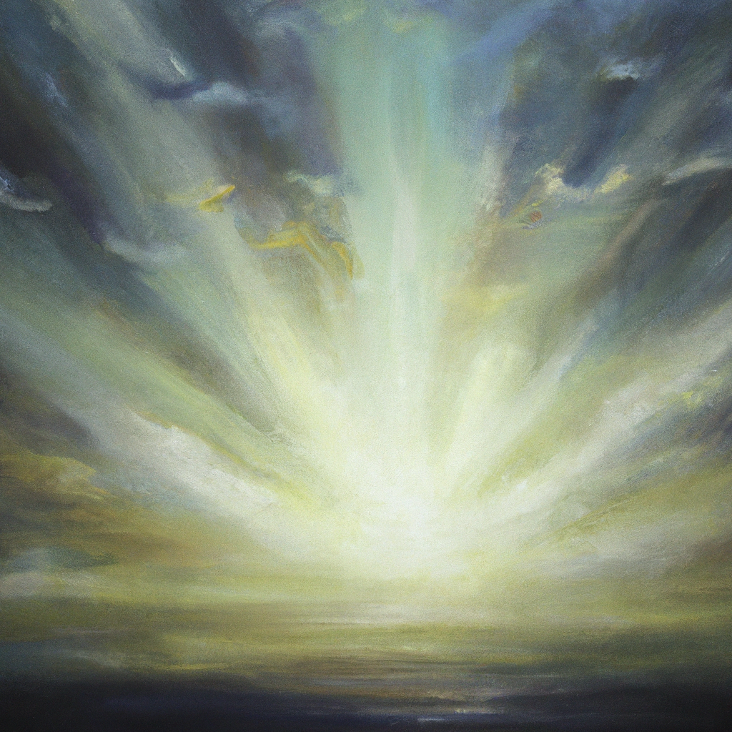 Image generated from Dall.e prompt 'An expressive oil painting of A radiant light beaming through a stormy sky, casting a warm glow and bringing peace to a troubled heart.'