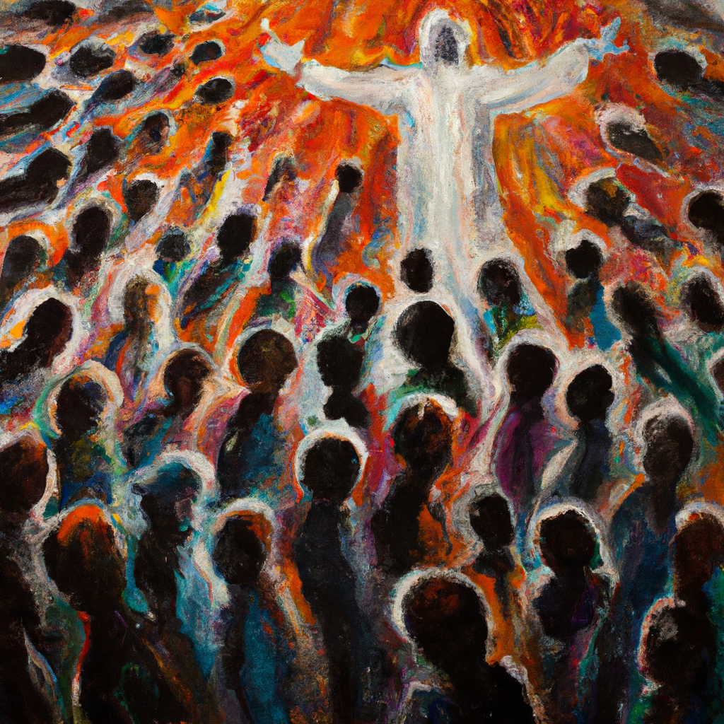 Image generated from Dall.e prompt 'An expressive oil painting of A man standing with arms outstretched, surrounded by light, speaking to a diverse group of followers.'