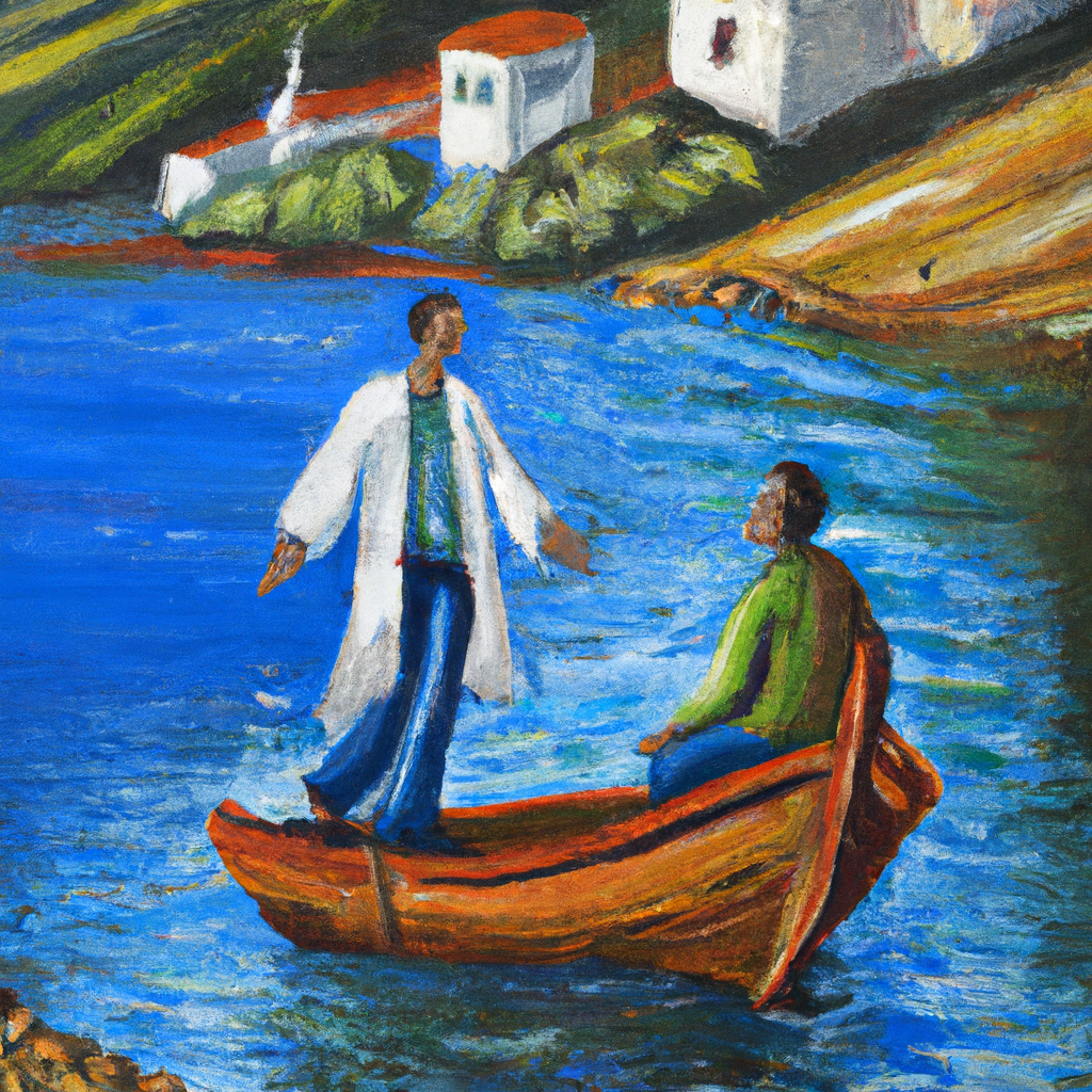 Image generated by AI from Dall.e prompt 'An expressive oil painting of Paul dreams of a Macedonian man, guiding him across sea to vibrant Philippi with welcoming riverfront, meeting Lydia’s warm hospitality.'