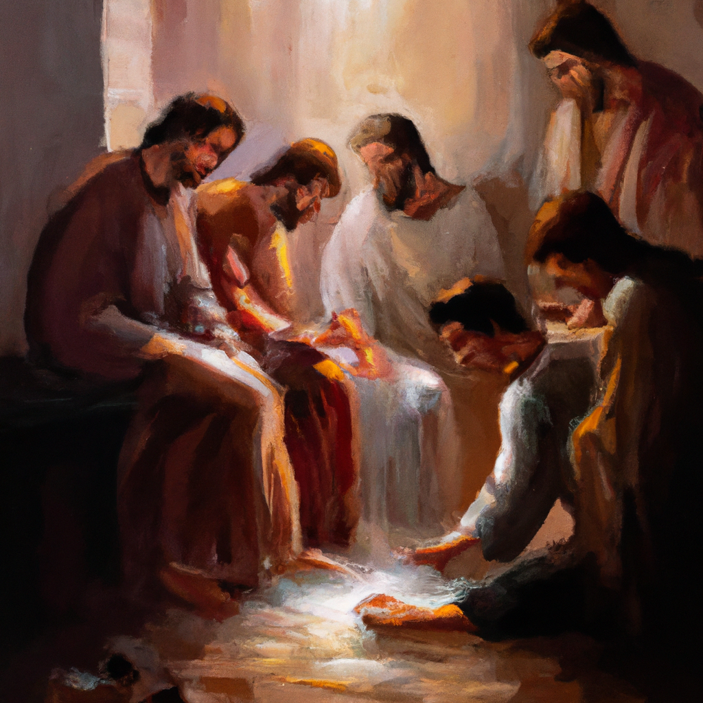 Image generated from Dall.e prompt 'An expressive oil painting of Jesus gently washes His disciples’ feet in a warm, peaceful room, radiating love, humility, and a promise of eternal friendship.'