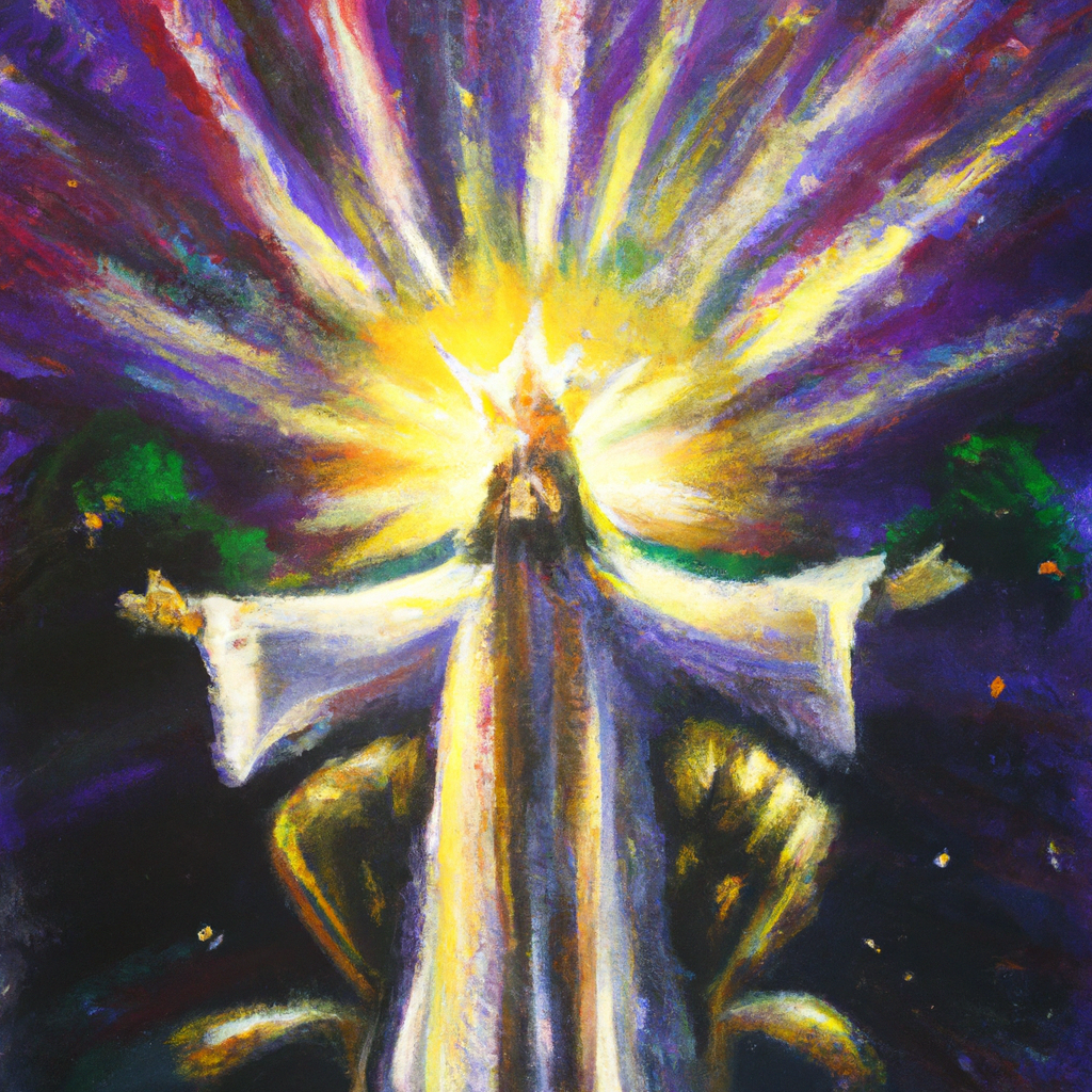 Image generated from Dall.e prompt 'An expressive oil painting of Bright light descends, radiant King appears with open arms, inviting everyone to gather freely, promising peace, life, and eternal joy.'