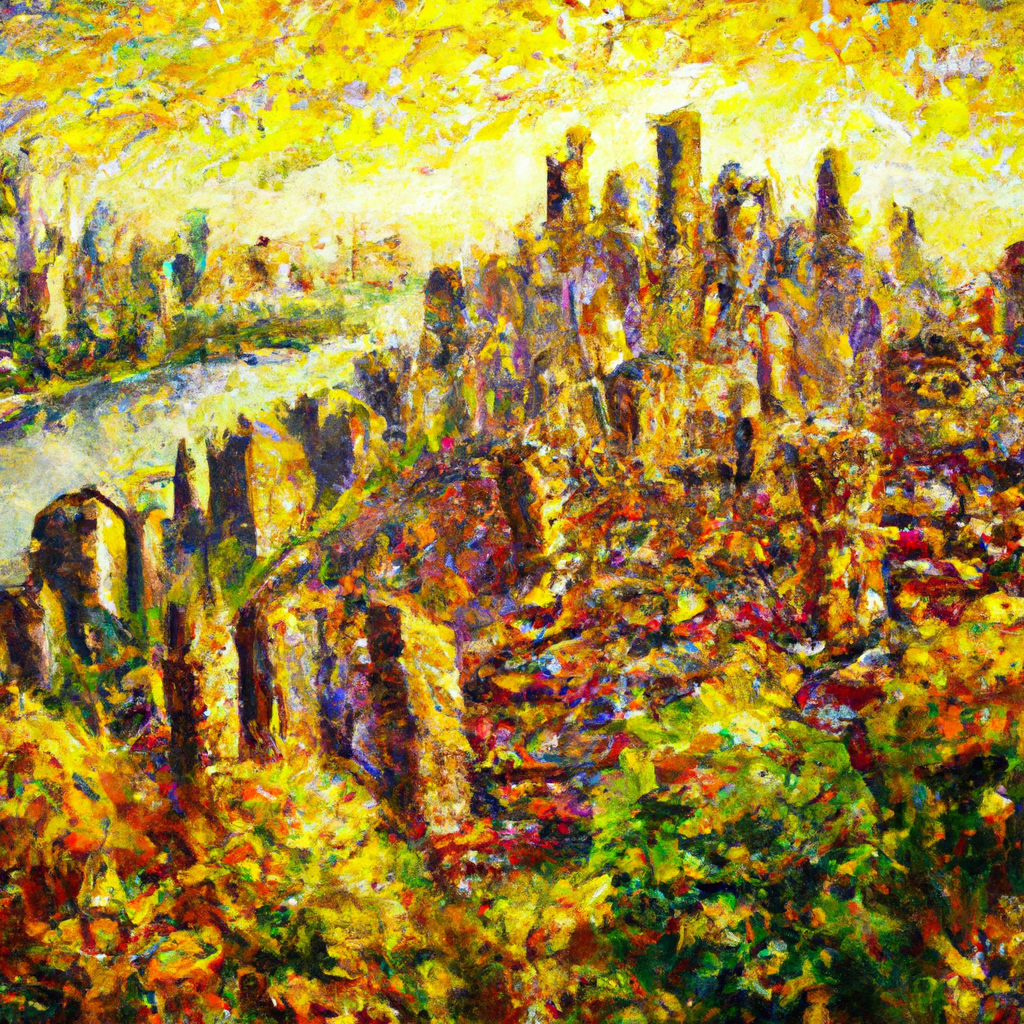 Image generated from Dall.e prompt 'An expressive oil painting of A radiant city teeming with shimmering gold, crystal-clear rivers, lush greenery, joyful inhabitants, and a majestic throne shining brightly.'