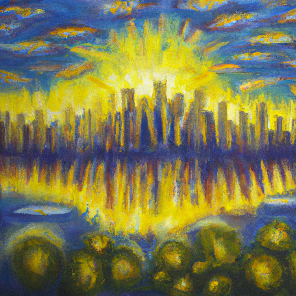 Image generated from Dall.e prompt 'An expressive oil painting of A radiant new heaven and earth appear, a sparkling city descends, waters flow, and God's presence shines forever, bringing peace and joy.'