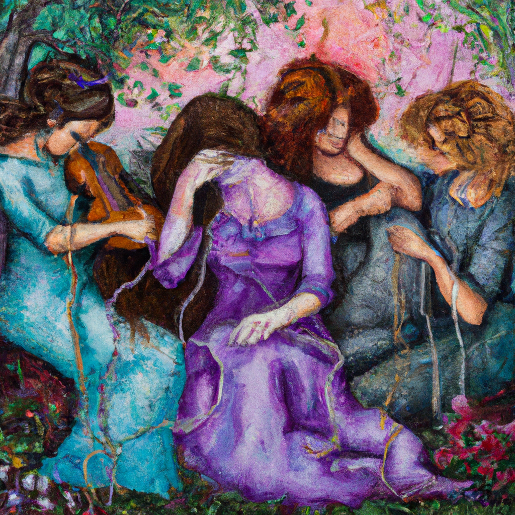 Image generated by AI from Dall.e prompt 'An expressive oil painting of A resilient woman named Tabitha diligently sews, her friends gently surrounding her as she is peacefully restored to life and hope.'