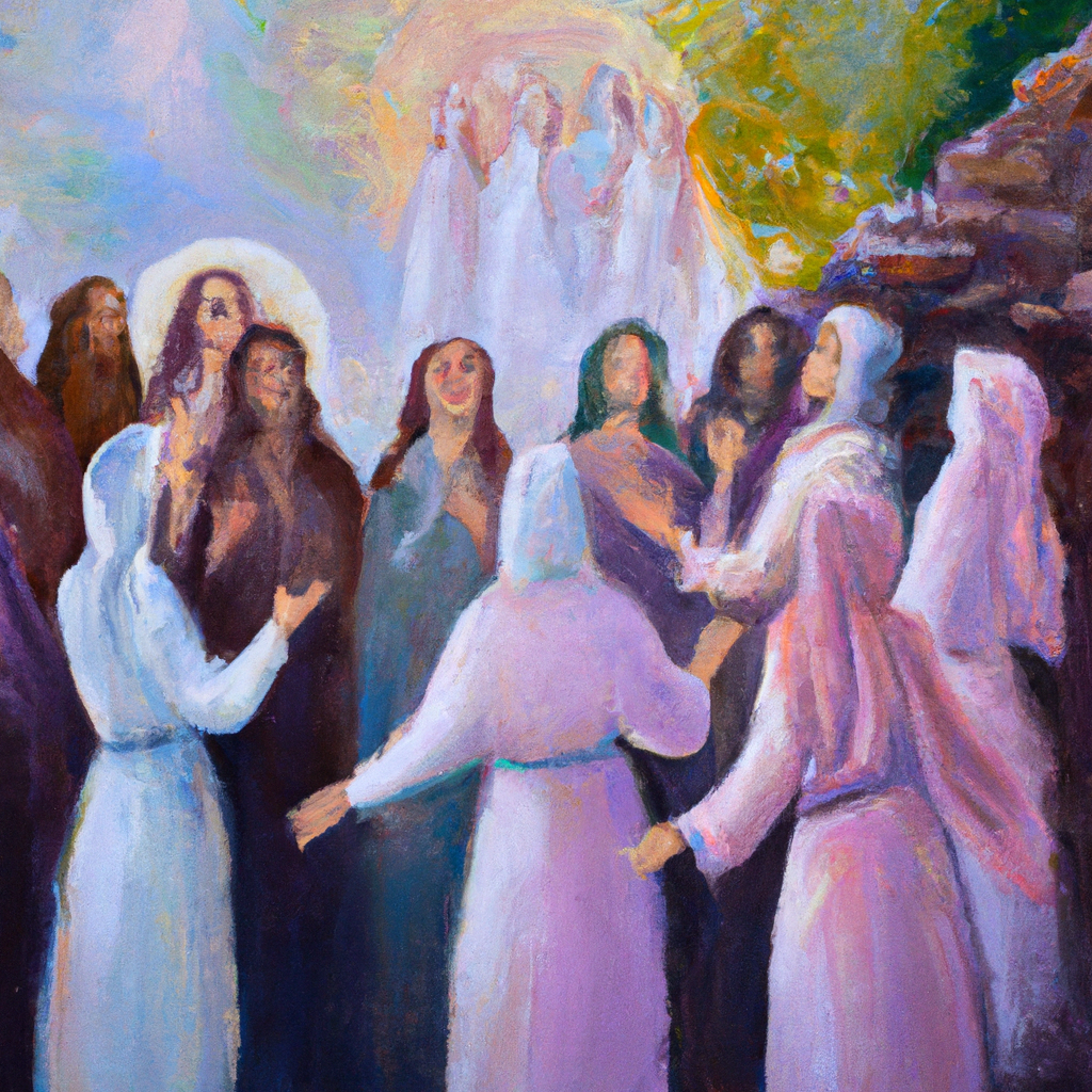 Image generated by AI from Dall.e prompt 'An expressive oil painting of Joyful women gather, singing and comforting, as rivers of peace flow into Jerusalem, bringing renewal, hope, and gentle celebration.'