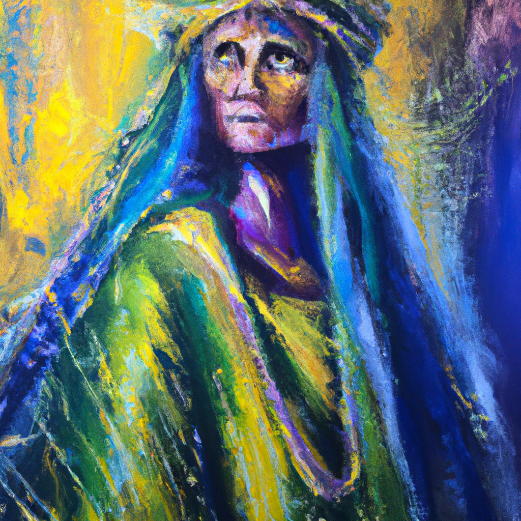 Image generated by AI from Dall.e prompt 'An expressive oil painting of Lady Wisdom calls out on heights, shining brilliantly, inviting all to understand, revealing timeless wisdom crafted before the world’s foundation.'