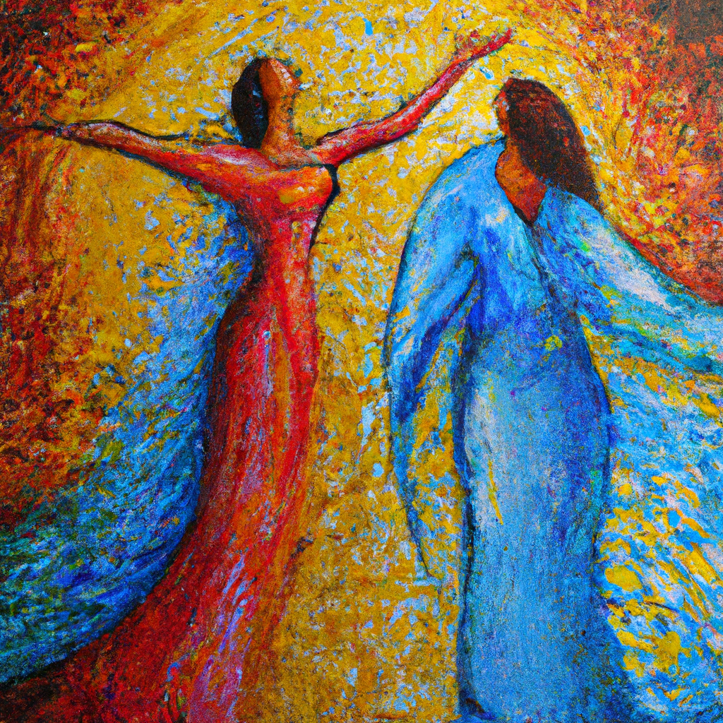 Image generated from Dall.e prompt 'An expressive oil painting of Before faith, we were like confined travelers, but now, through trust, we step freely into God's spacious, loving embrace.'