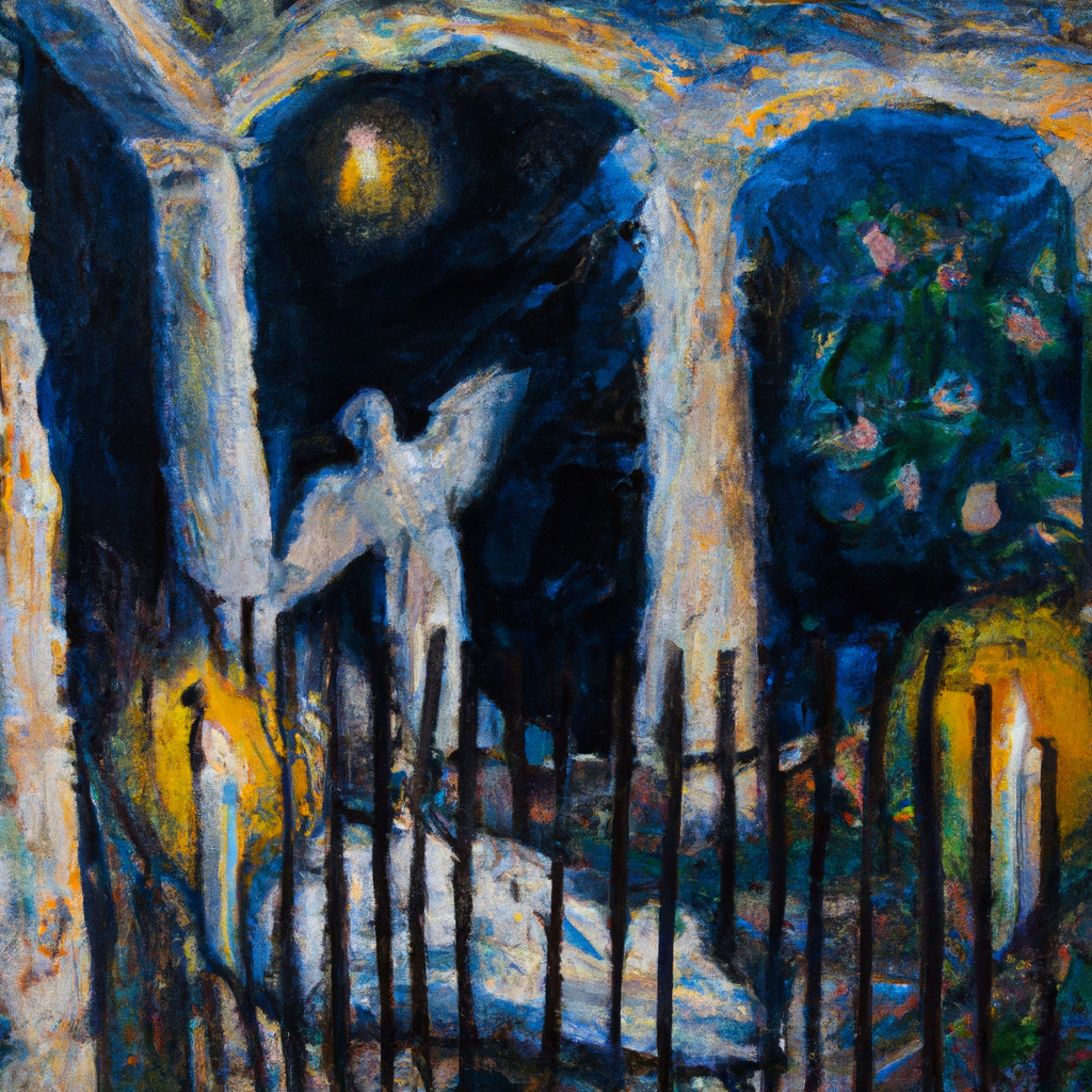 Image generated from Dall.e prompt 'An expressive oil painting of Night, bright prison with shining guards; Peter, peacefully sleeping, awakened by radiant angel, pathways open, leading him to freedom's fresh air.'