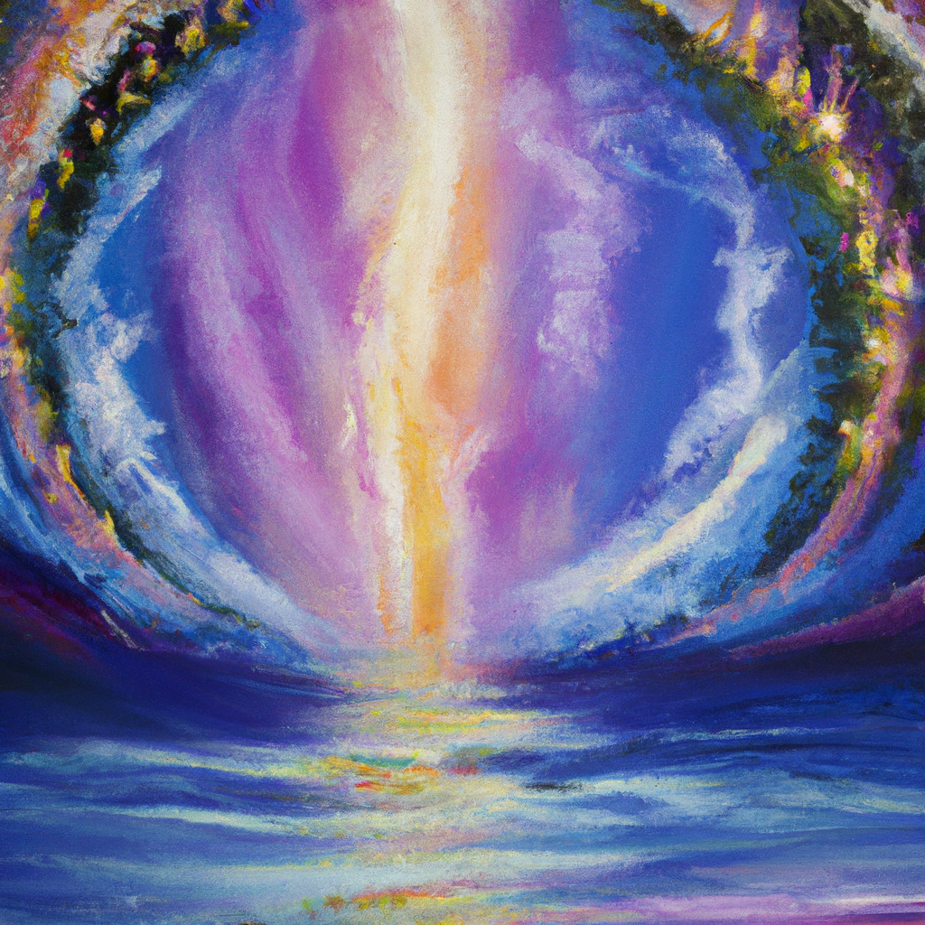 Image generated by AI from Dall.e prompt 'An expressive oil painting of Vivid image of Psalm 136: A glorious celebration, praising God's steadfast love, with shimmering lights, flowing rivers, and vibrant skies in harmony.'