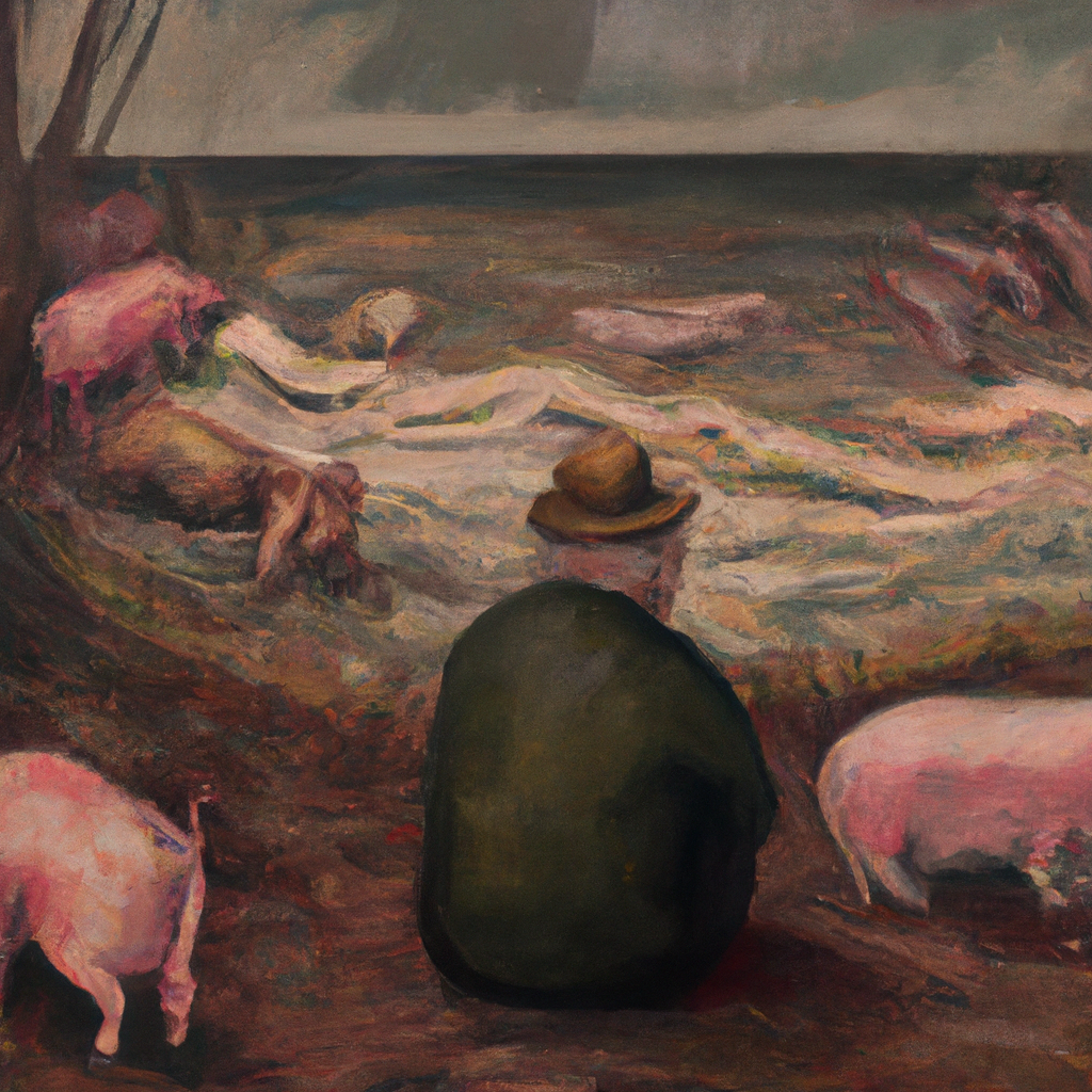 Image generated from Dall.e prompt 'An expressive oil painting of A man sitting calmly among a tangled herd of swine, dressed peacefully, as gentle waves lap nearby in a quiet landscape.'