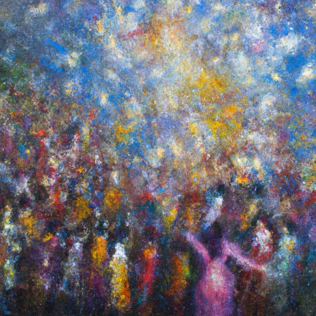 Image generated from Dall.e prompt 'An expressive oil painting of A diverse crowd gathers as gentle winds descend, sparks of fire appear above each head, and people speak excitedly in many languages.'