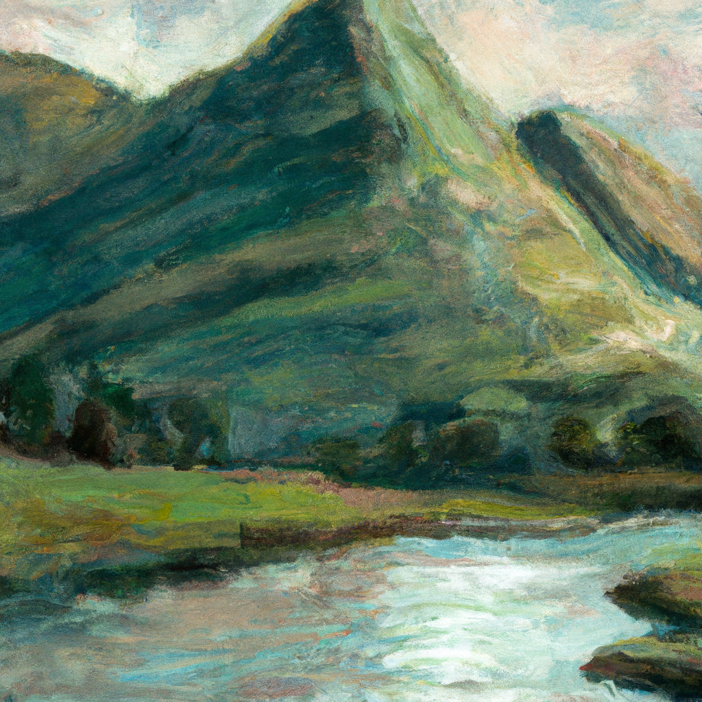 Image generated from Dall.e prompt 'An expressive oil painting of A mountain surrounded by a peaceful, flowing river, steadfast and secure, basking in a gentle, radiant sunlight of lasting tranquility.'