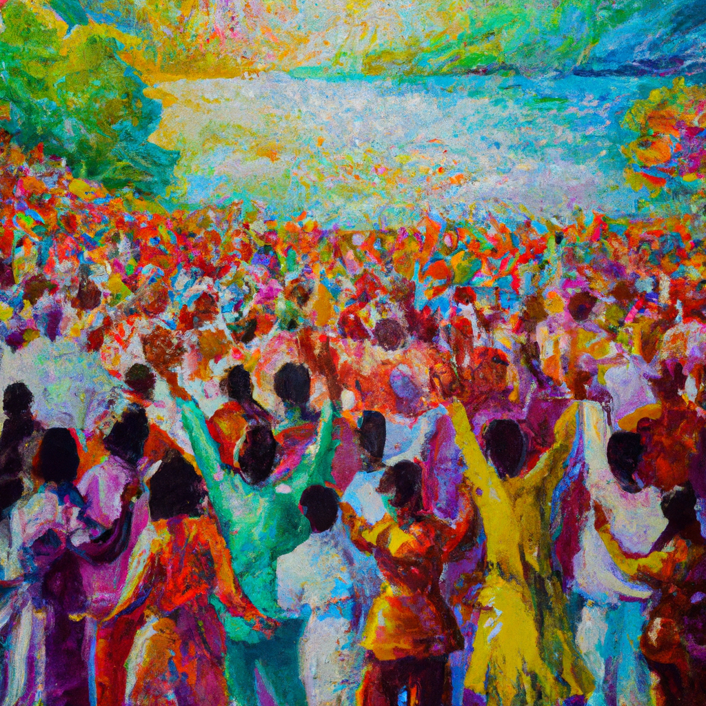 Image generated from Dall.e prompt 'An expressive oil painting of Crowds rejoice loudly, singing joyful songs around the earth, praising God’s mighty deeds with lively celebration and unified voices.'