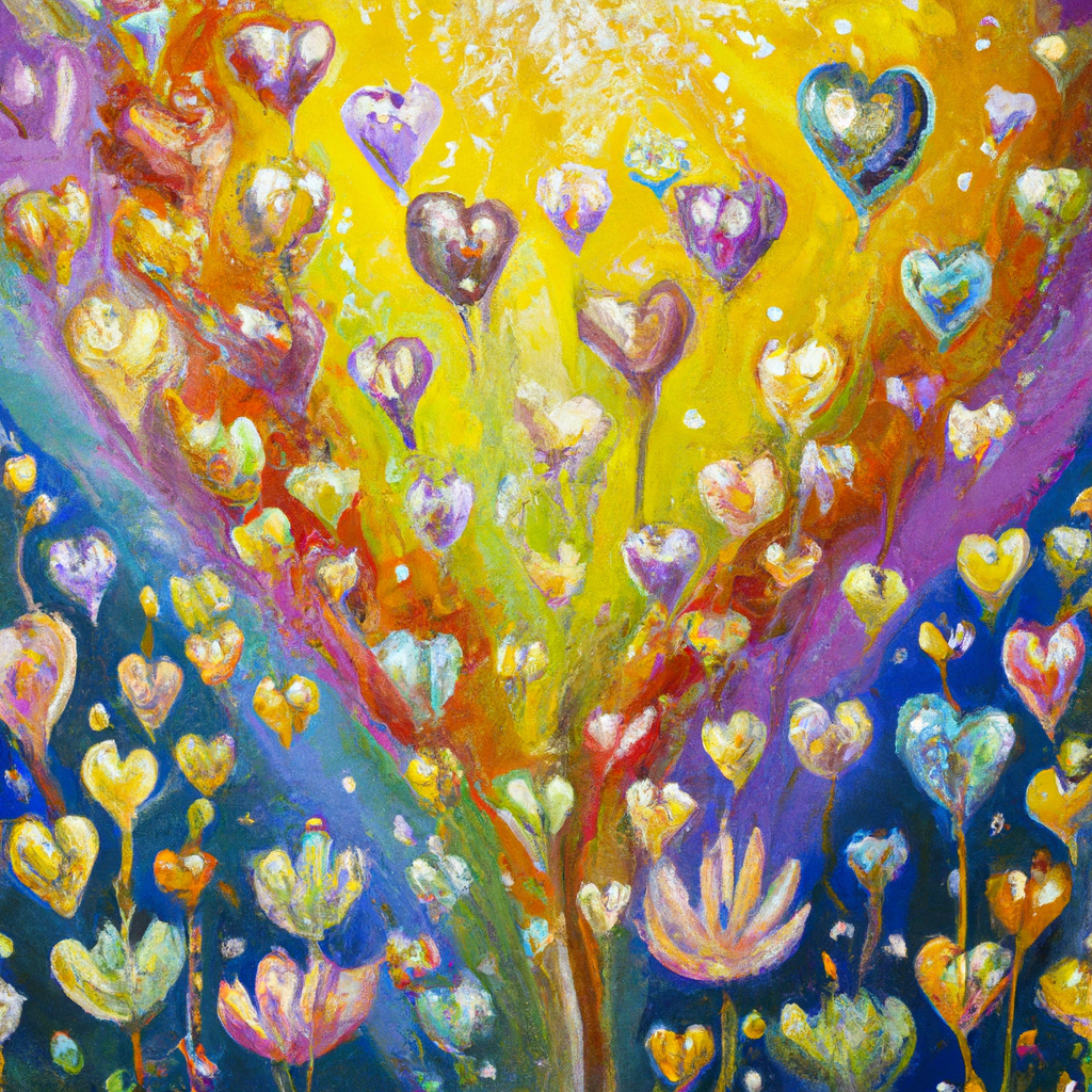 Image generated from Dall.e prompt 'An expressive oil painting of Peace flows through hearts, hope blooms brightly, and love deepens as confidence grows through grace, inspiring resilience and joyful anticipation.'