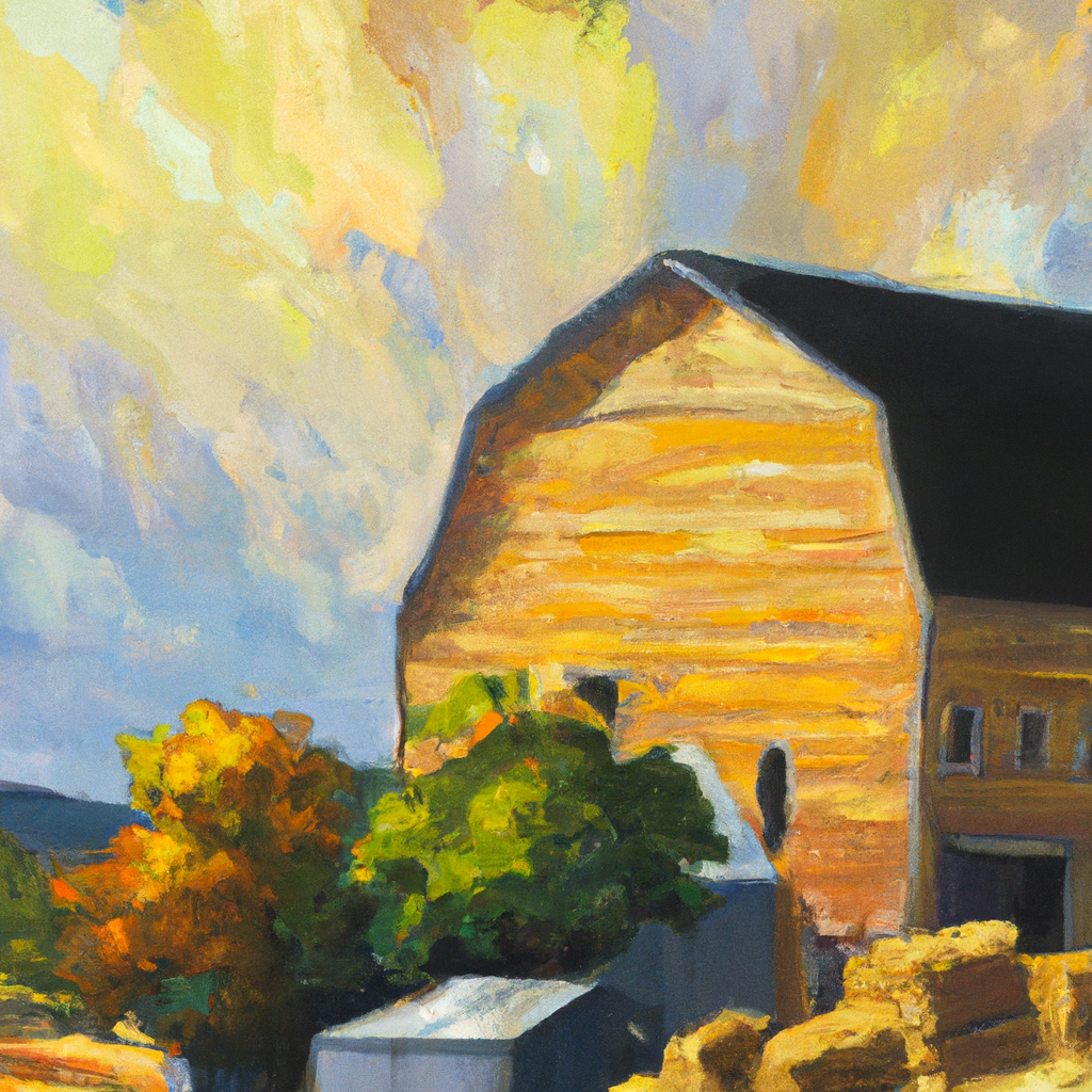 Image generated from Dall.e prompt 'An expressive oil painting of A prosperous farmer's barn overflows with abundant harvest, prompting him to plan for greater storage and future security.'