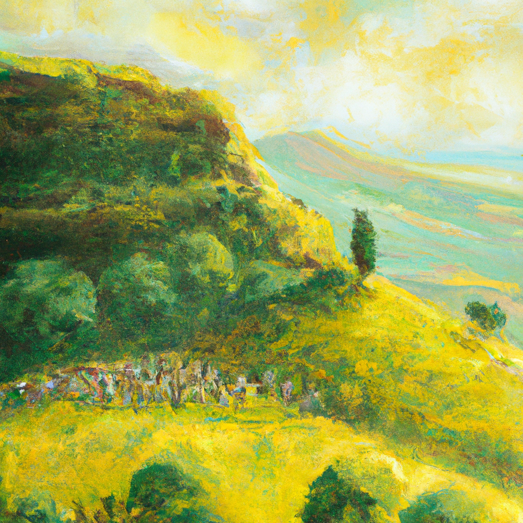 Image generated by AI from Dall.e prompt 'An expressive oil painting of Golden sunlight bathes lush hills, vibrant gardens blooming, joyful people gathering in harmony, as abundance and peace fill the welcoming land.'