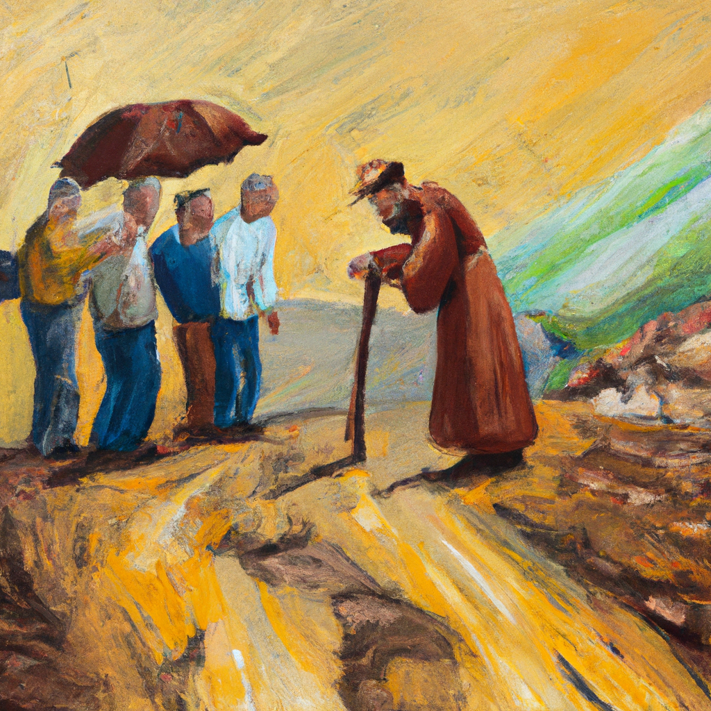 Image generated from Dall.e prompt 'An expressive oil painting of A kind traveler assists a stranded person on the road, while a priest and Levite pass by without stopping.'