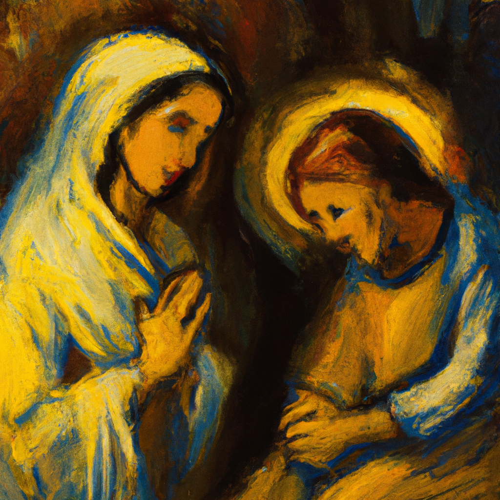 Image generated from Dall.e prompt 'An expressive oil painting of In Luke 10:38-end, Martha welcomes Jesus as Mary attentively listens, both peacefully sharing a moment of love and understanding.'