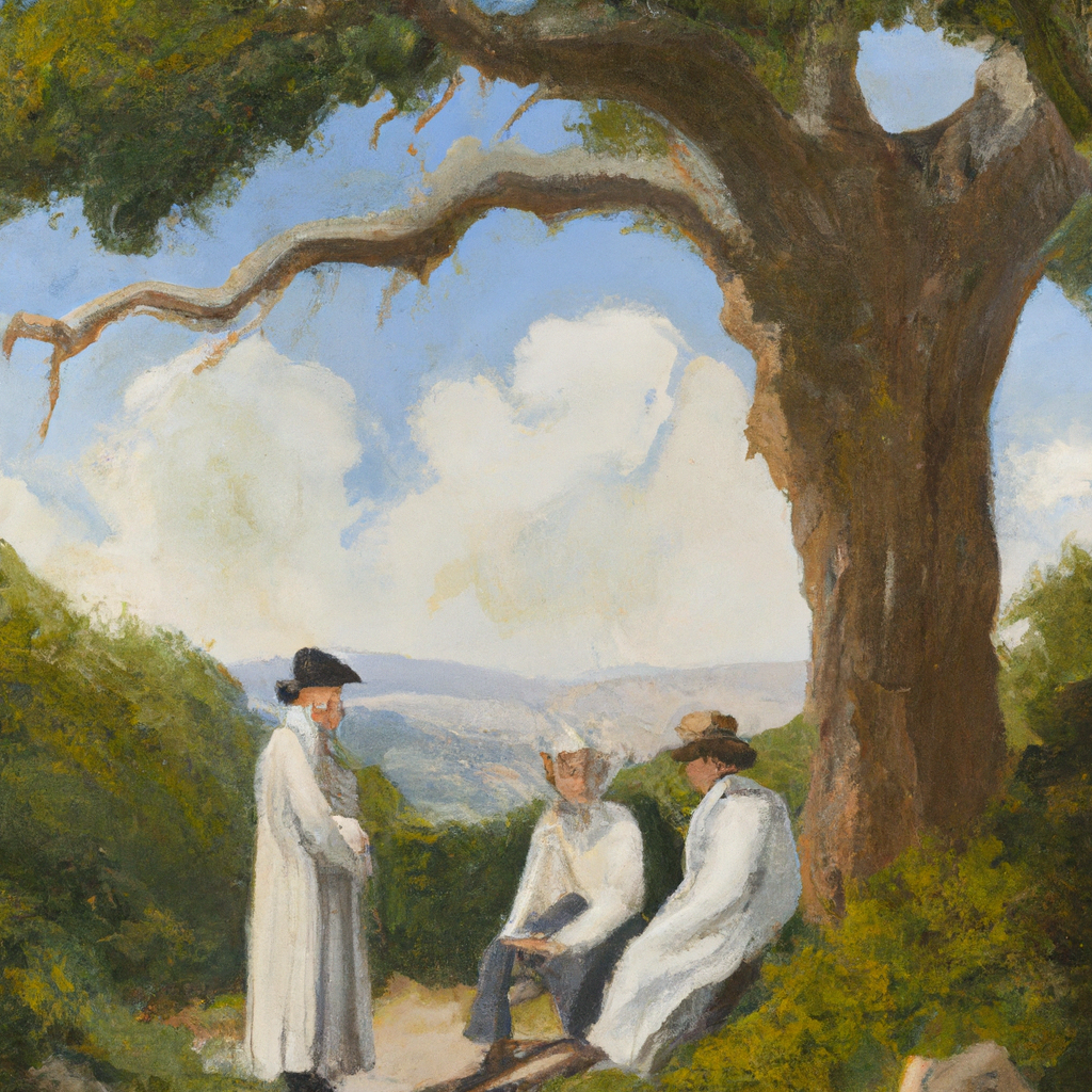 Image generated by AI from Dall.e prompt 'An expressive oil painting of Abraham converses with three visitors under a leafy shade, clouds drift softly above as hills roll peacefully in the background.'