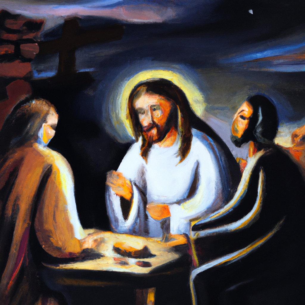 Image generated from Dall.e prompt 'An expressive oil painting of Jesus teaches prayer, illustrating persistence and trust with the image of a friend seeking bread at midnight in a welcoming home.'