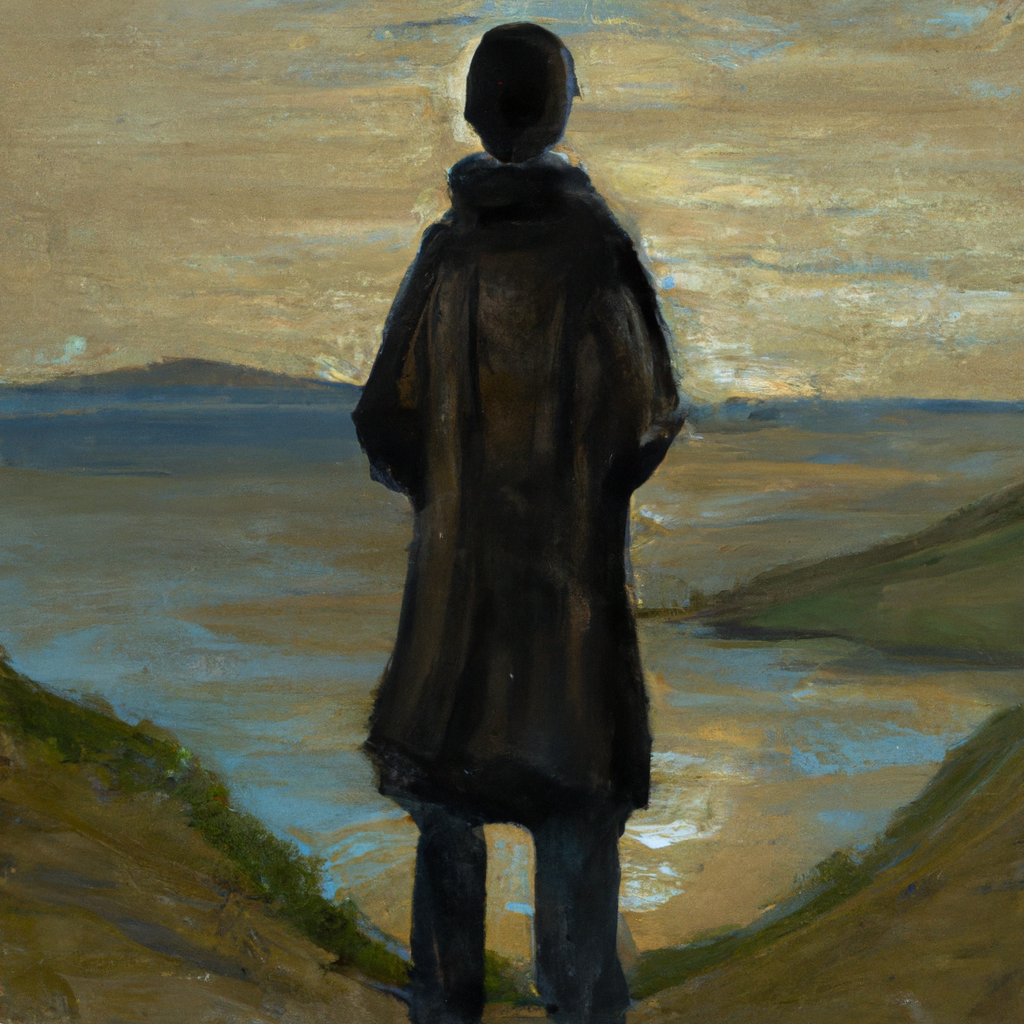 Image generated by AI from Dall.e prompt 'An expressive oil painting of A wandering explorer gazes at endless horizons, collecting fleeting treasures, yet realizing all pursuits fade, leaving only timeless reflection behind.'