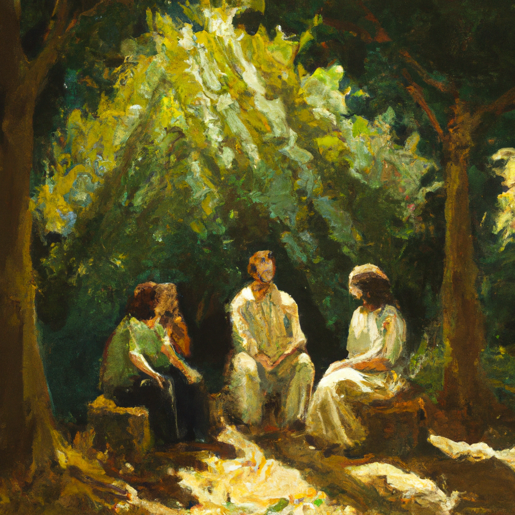Image generated by AI from Dall.e prompt 'An expressive oil painting of Abraham seated near three visitors under a tree, sunlight filters through leaves as they share a warm, welcoming conversation.'