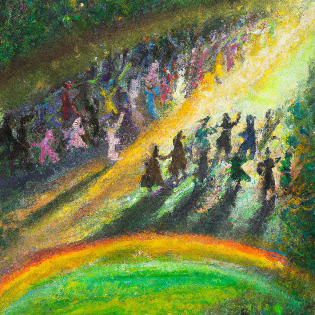 Image generated from Dall.e prompt 'An expressive oil painting of A radiant parade of pioneers, trusting in unseen promises, journeying through unknown lands with unwavering hope and joyful anticipation.'