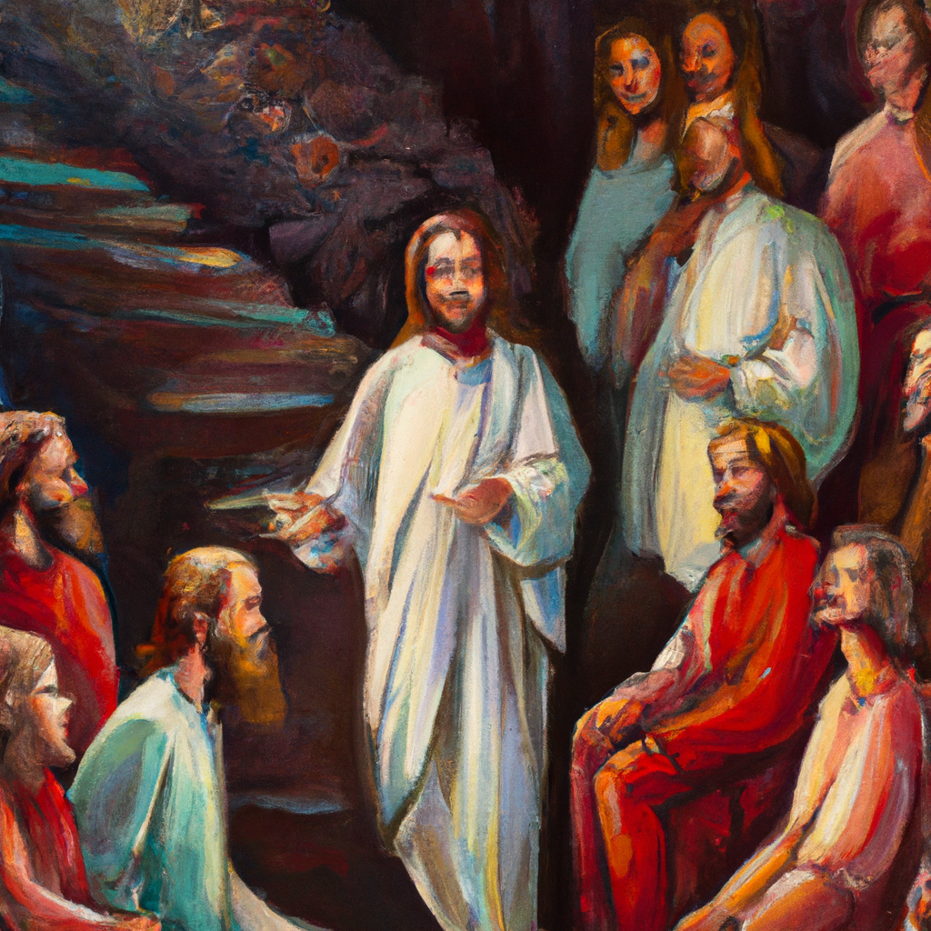 Image generated from Dall.e prompt 'An expressive oil painting of Jesus notices guests choosing seats of honor, teaches humility by sharing gentle advice on kindness and welcoming others at gatherings.'