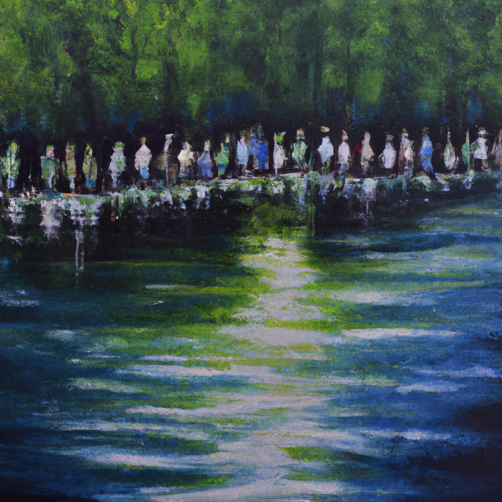 Image generated from Dall.e prompt 'An expressive oil painting of A crowd of faithful explorers, crossing a vast river by faith, their gaze fixed brightly ahead, marching onward with hope and trust.'