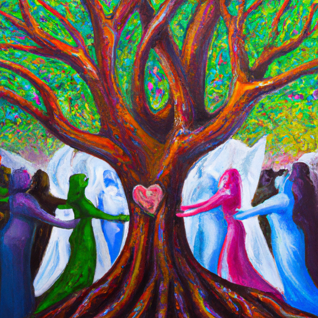 Image generated from Dall.e prompt 'An expressive oil painting of A welcoming community embracing kindness, sharing joyful gratitude, and courteously supporting one another with genuine warmth and heartfelt generosity.'