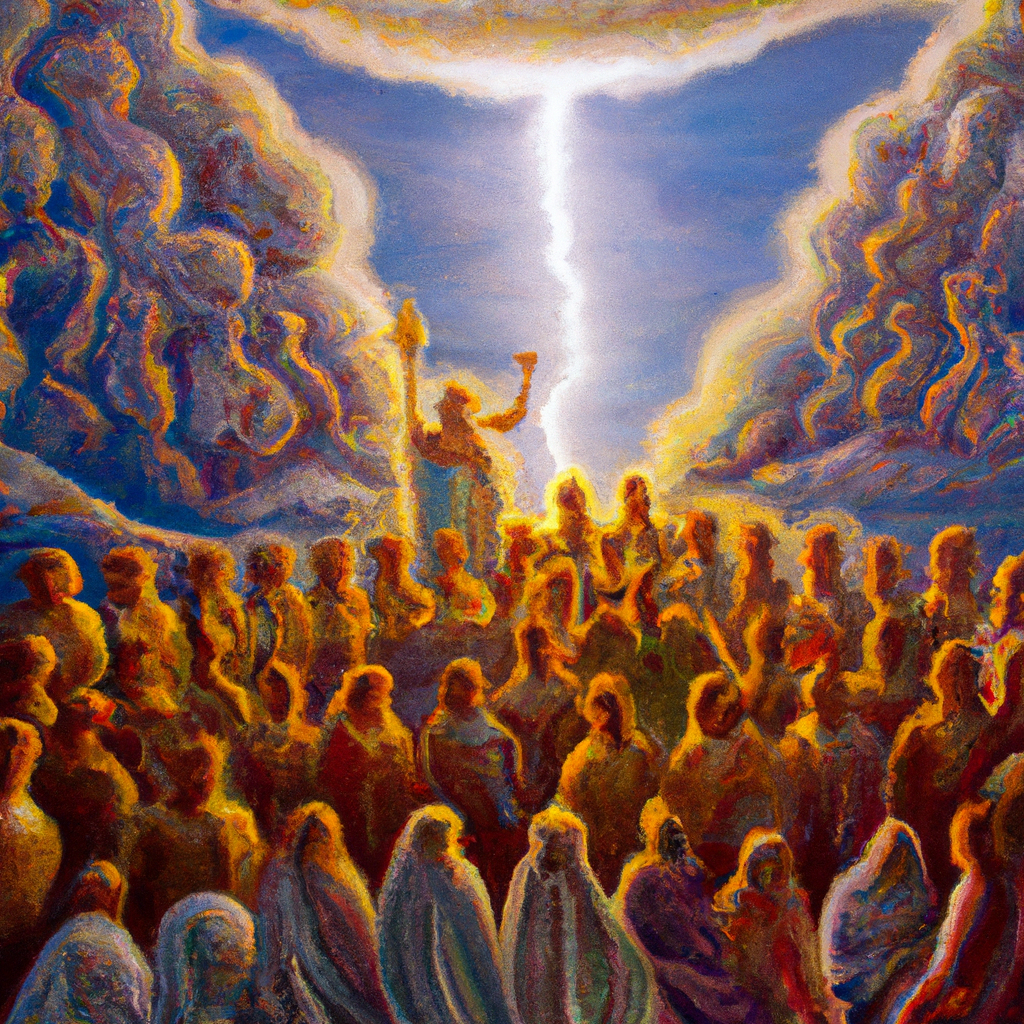 Image generated from Dall.e prompt 'An expressive oil painting of Celestial judges stand in light, ruling with wisdom, as nations gather beneath a radiant sky, emphasizing justice and divine authority.'