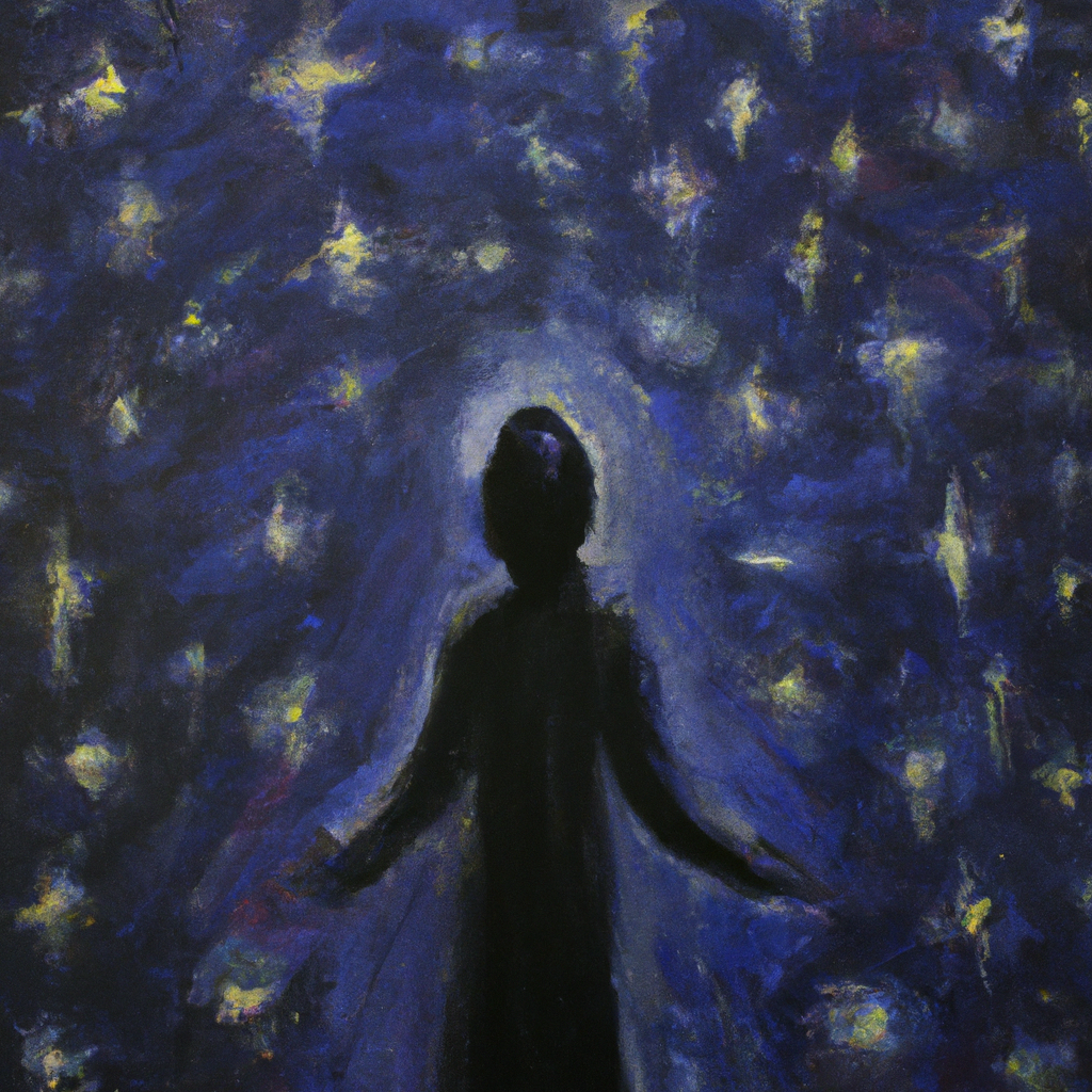 Image generated by AI from Dall.e prompt 'An expressive oil painting of A radiant night sky with countless stars, a calm figure gazing upward, as a divine promise gently illuminates the dark.'
