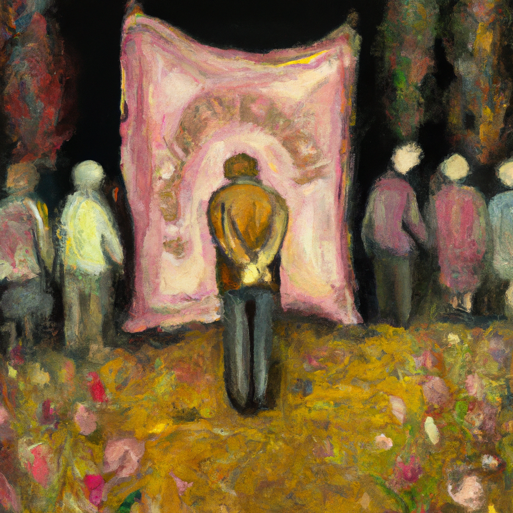 Image generated from Dall.e prompt 'An expressive oil painting of A person humbly stepping back from a crowd, letting others be honored first, surrounded by peaceful, respectful silence and gentle surroundings.'