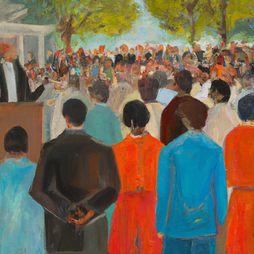 Image generated from Dall.e prompt 'An expressive oil painting of A large crowd gathers; a teacher gently advises them to prioritize commitments, illustrating the importance of thoughtful dedication and preparation.'